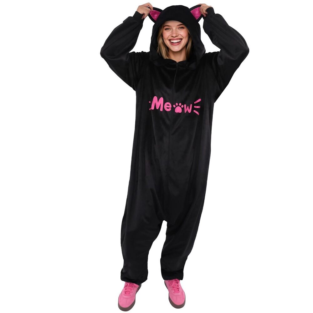 8164 Black Cat Onesie Costume for Adults - Meow Animal One-Piece Pajamas